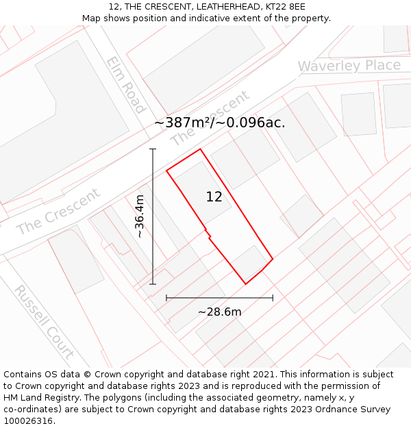 12, THE CRESCENT, LEATHERHEAD, KT22 8EE: Plot and title map