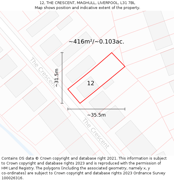 12, THE CRESCENT, MAGHULL, LIVERPOOL, L31 7BL: Plot and title map