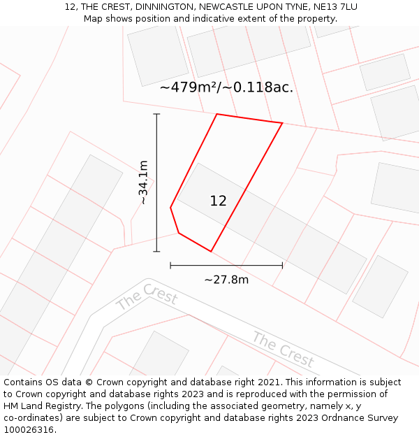 12, THE CREST, DINNINGTON, NEWCASTLE UPON TYNE, NE13 7LU: Plot and title map