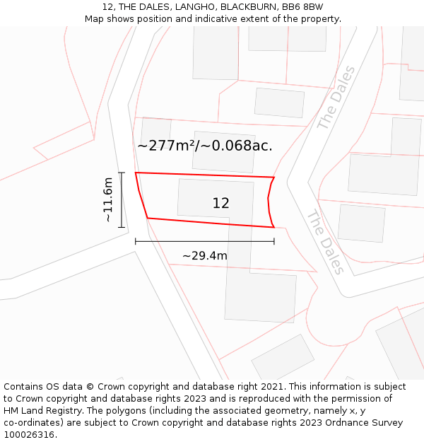 12, THE DALES, LANGHO, BLACKBURN, BB6 8BW: Plot and title map