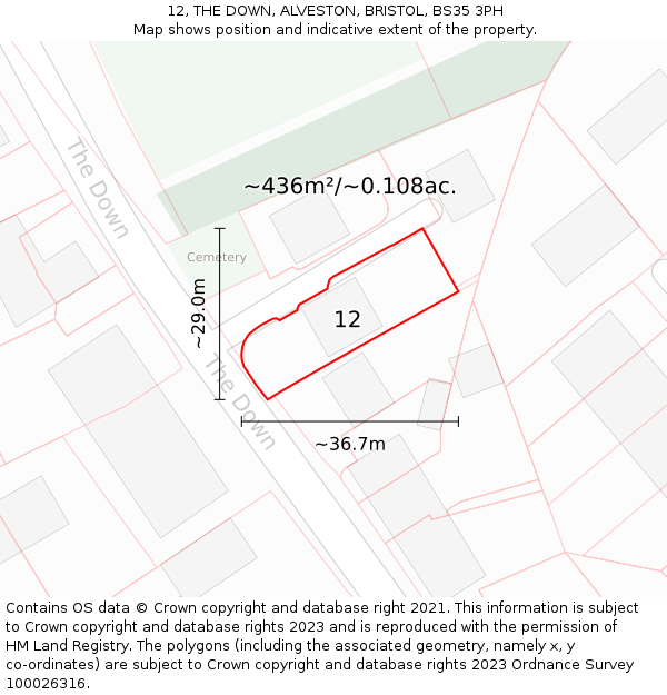 12, THE DOWN, ALVESTON, BRISTOL, BS35 3PH: Plot and title map