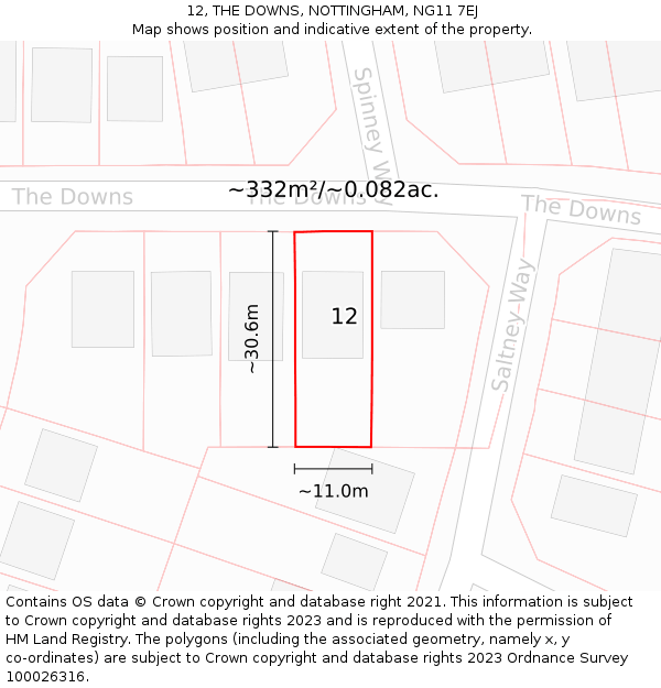 12, THE DOWNS, NOTTINGHAM, NG11 7EJ: Plot and title map