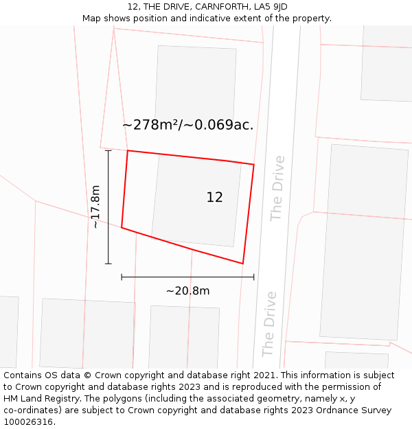 12, THE DRIVE, CARNFORTH, LA5 9JD: Plot and title map