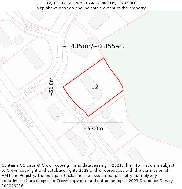 12, THE DRIVE, WALTHAM, GRIMSBY, DN37 0FB: Plot and title map