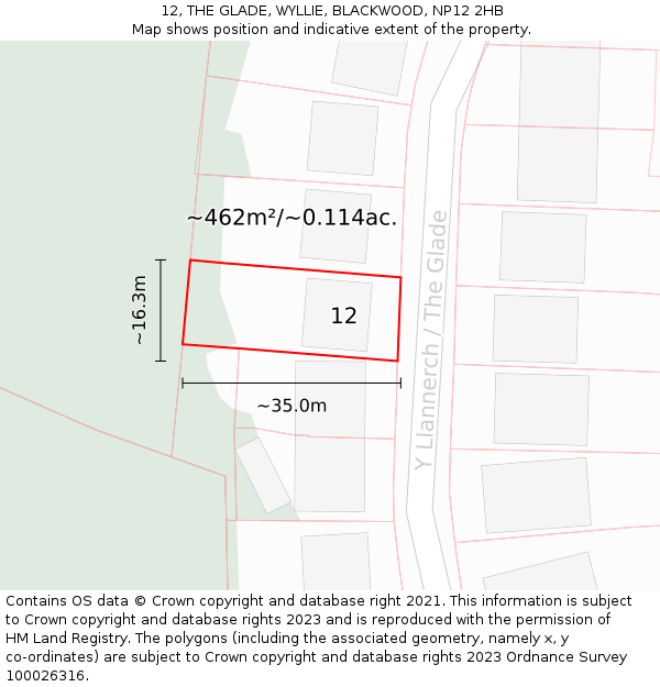12, THE GLADE, WYLLIE, BLACKWOOD, NP12 2HB: Plot and title map