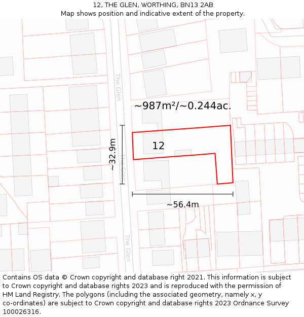 12, THE GLEN, WORTHING, BN13 2AB: Plot and title map