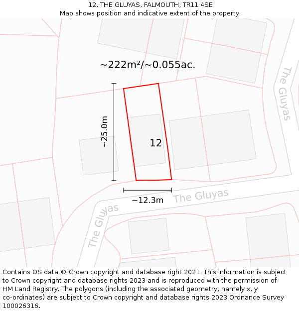 12, THE GLUYAS, FALMOUTH, TR11 4SE: Plot and title map