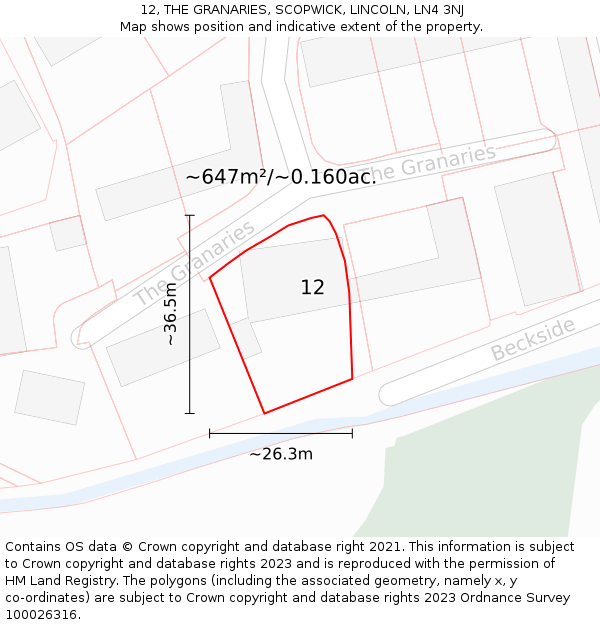 12, THE GRANARIES, SCOPWICK, LINCOLN, LN4 3NJ: Plot and title map
