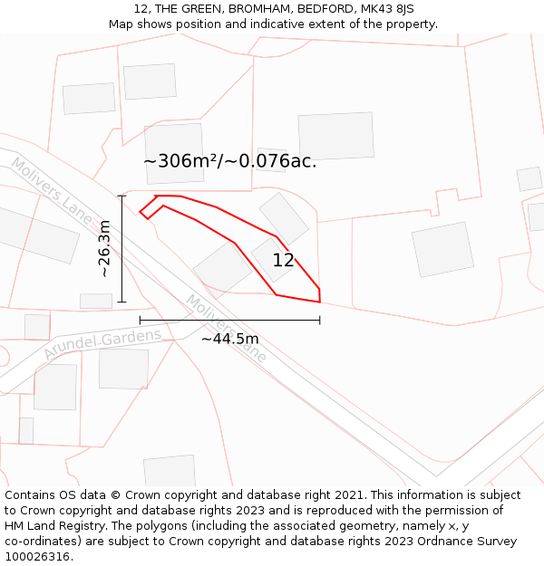 12, THE GREEN, BROMHAM, BEDFORD, MK43 8JS: Plot and title map