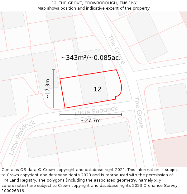 12, THE GROVE, CROWBOROUGH, TN6 1NY: Plot and title map