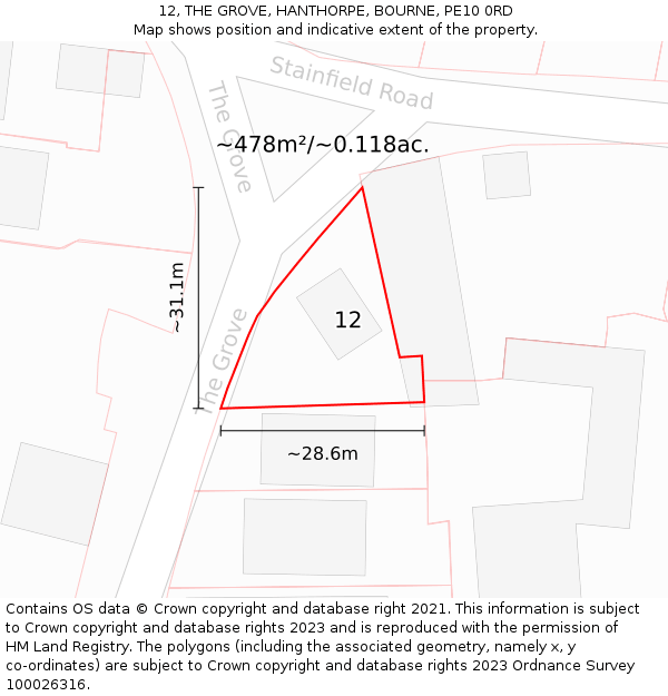 12, THE GROVE, HANTHORPE, BOURNE, PE10 0RD: Plot and title map