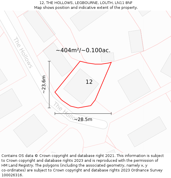 12, THE HOLLOWS, LEGBOURNE, LOUTH, LN11 8NF: Plot and title map