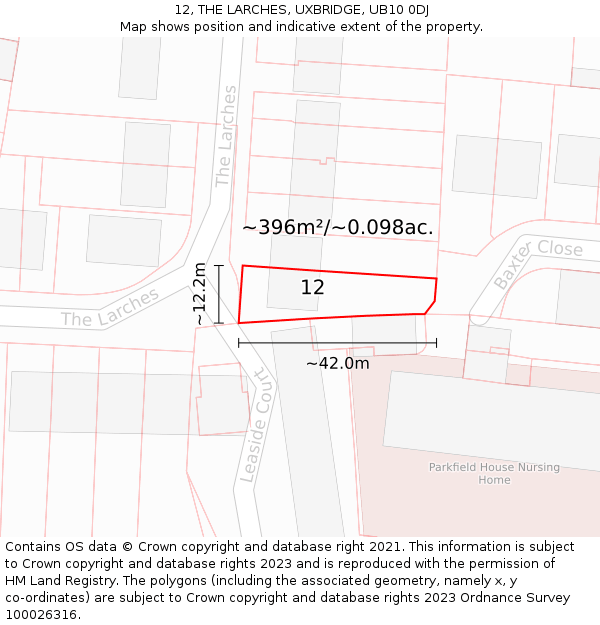 12, THE LARCHES, UXBRIDGE, UB10 0DJ: Plot and title map