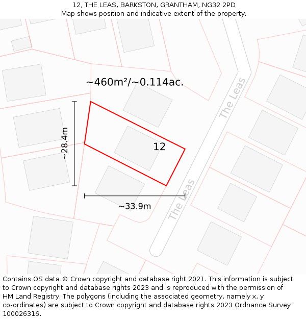12, THE LEAS, BARKSTON, GRANTHAM, NG32 2PD: Plot and title map