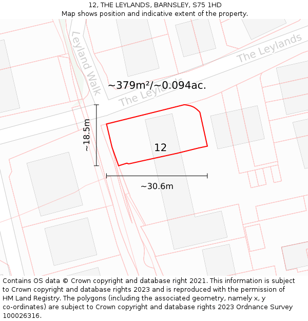 12, THE LEYLANDS, BARNSLEY, S75 1HD: Plot and title map