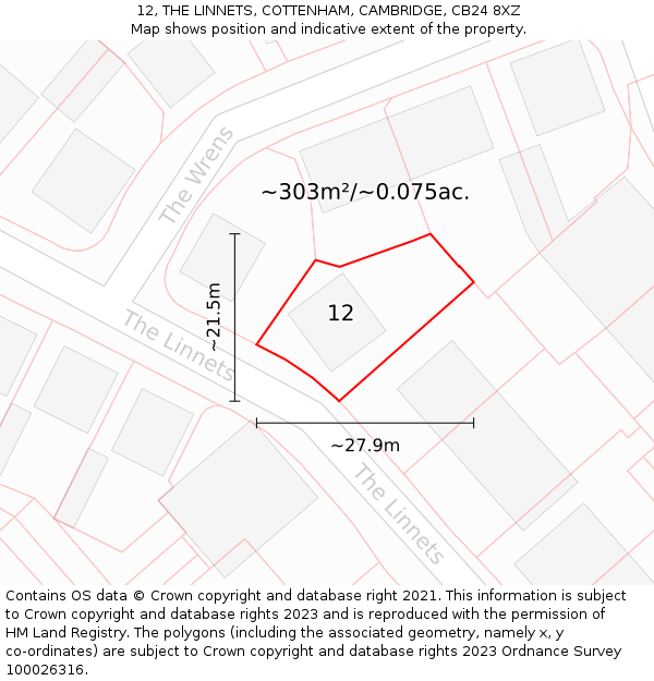 12, THE LINNETS, COTTENHAM, CAMBRIDGE, CB24 8XZ: Plot and title map