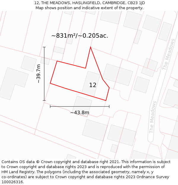 12, THE MEADOWS, HASLINGFIELD, CAMBRIDGE, CB23 1JD: Plot and title map