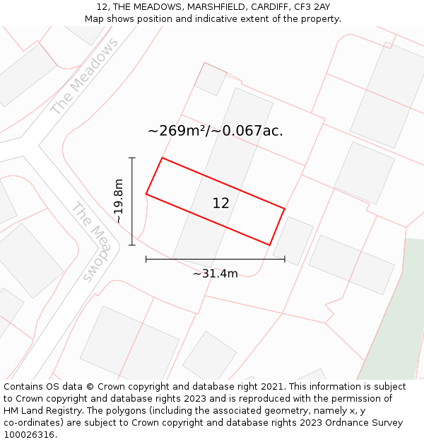 12, THE MEADOWS, MARSHFIELD, CARDIFF, CF3 2AY: Plot and title map