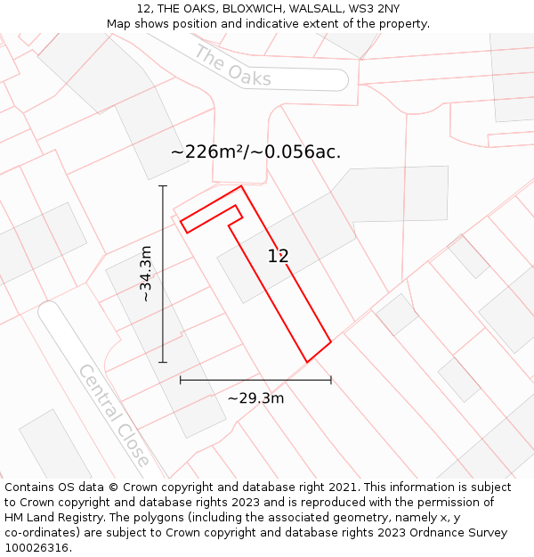 12, THE OAKS, BLOXWICH, WALSALL, WS3 2NY: Plot and title map