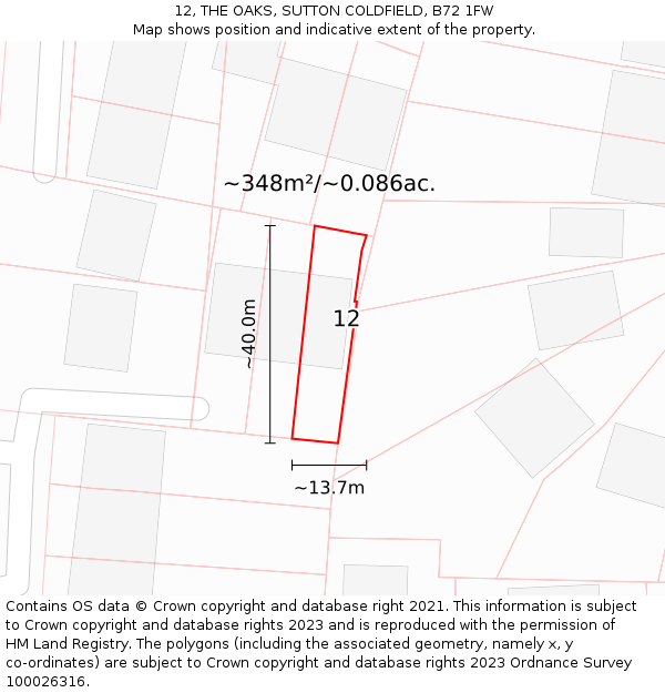 12, THE OAKS, SUTTON COLDFIELD, B72 1FW: Plot and title map