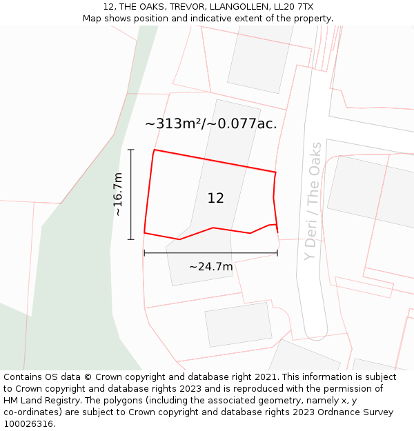 12, THE OAKS, TREVOR, LLANGOLLEN, LL20 7TX: Plot and title map
