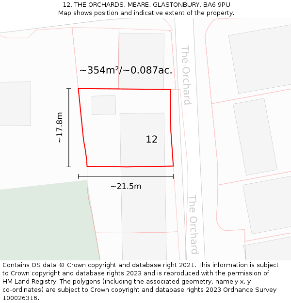 12, THE ORCHARDS, MEARE, GLASTONBURY, BA6 9PU: Plot and title map