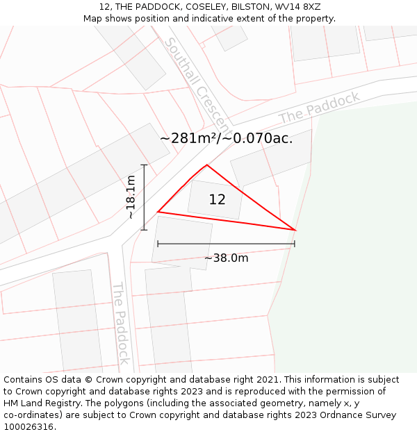 12, THE PADDOCK, COSELEY, BILSTON, WV14 8XZ: Plot and title map