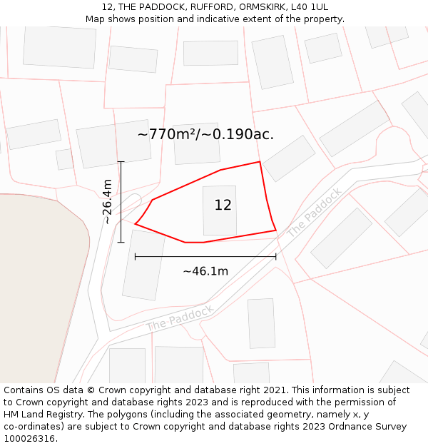 12, THE PADDOCK, RUFFORD, ORMSKIRK, L40 1UL: Plot and title map