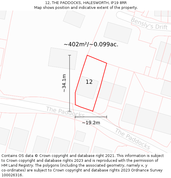 12, THE PADDOCKS, HALESWORTH, IP19 8RR: Plot and title map