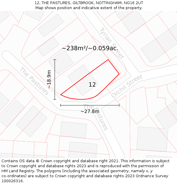 12, THE PASTURES, GILTBROOK, NOTTINGHAM, NG16 2UT: Plot and title map