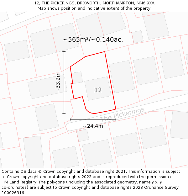 12, THE PICKERINGS, BRIXWORTH, NORTHAMPTON, NN6 9XA: Plot and title map