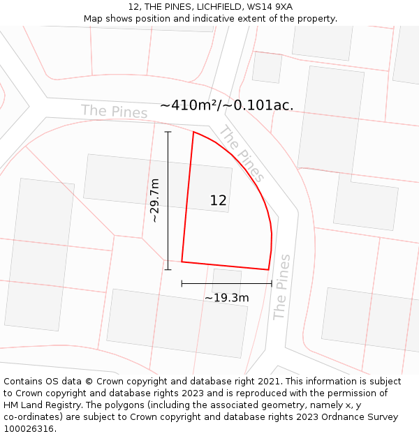 12, THE PINES, LICHFIELD, WS14 9XA: Plot and title map