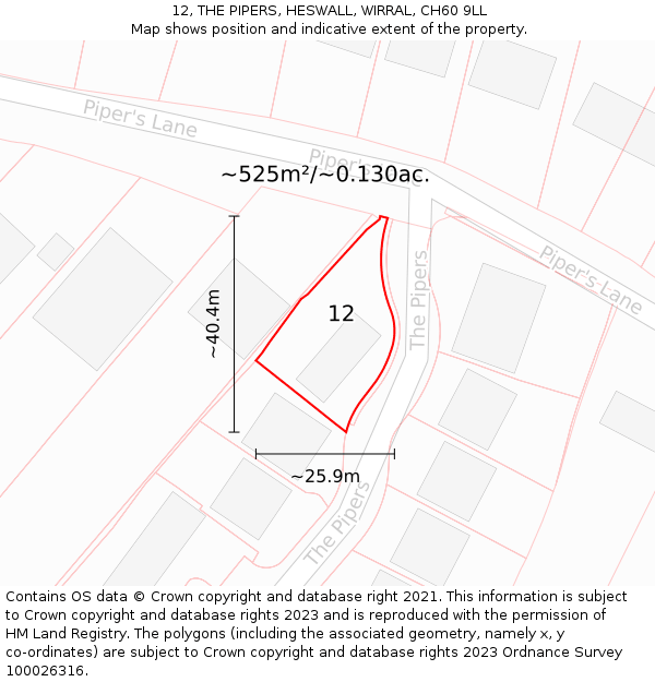 12, THE PIPERS, HESWALL, WIRRAL, CH60 9LL: Plot and title map