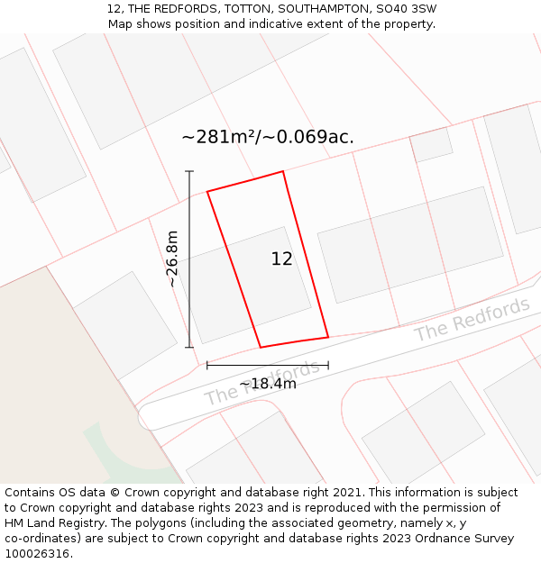 12, THE REDFORDS, TOTTON, SOUTHAMPTON, SO40 3SW: Plot and title map