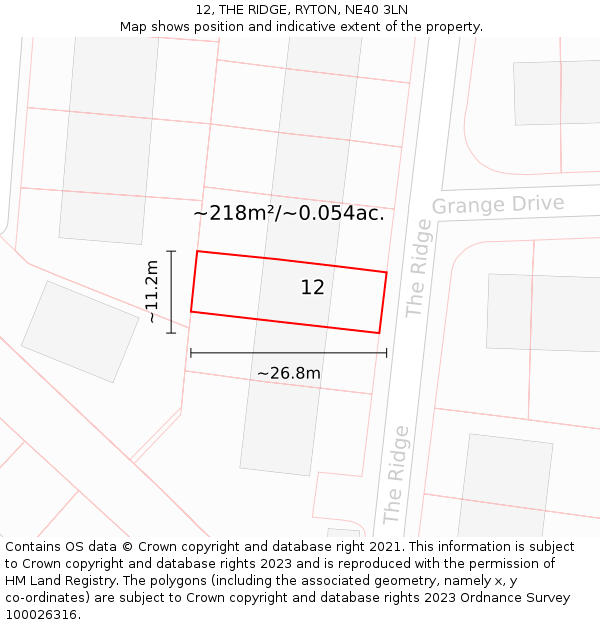 12, THE RIDGE, RYTON, NE40 3LN: Plot and title map