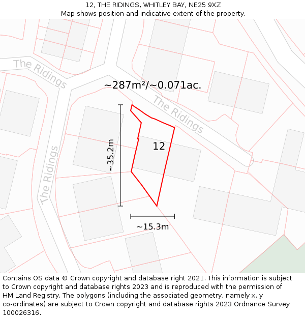 12, THE RIDINGS, WHITLEY BAY, NE25 9XZ: Plot and title map