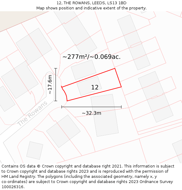 12, THE ROWANS, LEEDS, LS13 1BD: Plot and title map