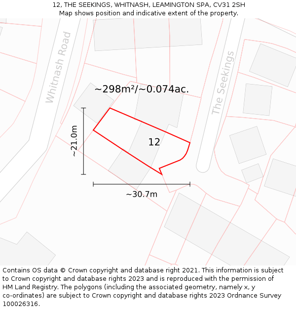 12, THE SEEKINGS, WHITNASH, LEAMINGTON SPA, CV31 2SH: Plot and title map
