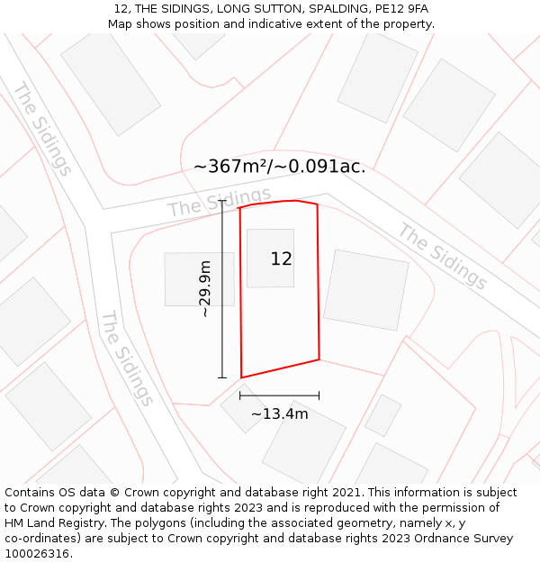 12, THE SIDINGS, LONG SUTTON, SPALDING, PE12 9FA: Plot and title map