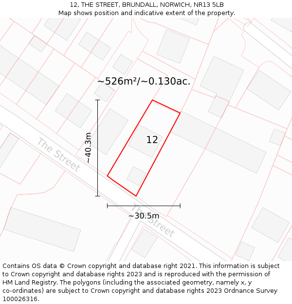 12, THE STREET, BRUNDALL, NORWICH, NR13 5LB: Plot and title map
