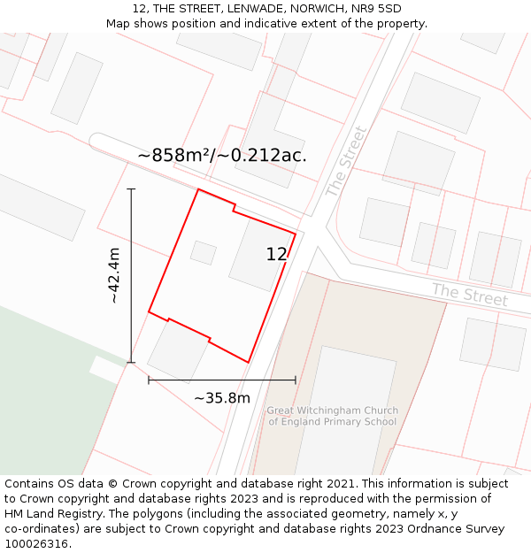 12, THE STREET, LENWADE, NORWICH, NR9 5SD: Plot and title map