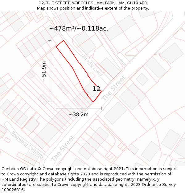 12, THE STREET, WRECCLESHAM, FARNHAM, GU10 4PR: Plot and title map