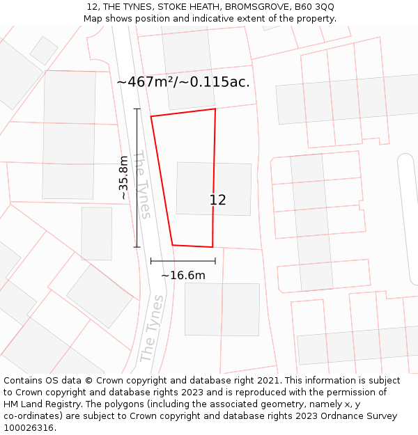 12, THE TYNES, STOKE HEATH, BROMSGROVE, B60 3QQ: Plot and title map