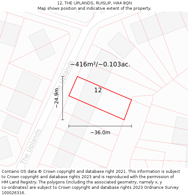 12, THE UPLANDS, RUISLIP, HA4 8QN: Plot and title map