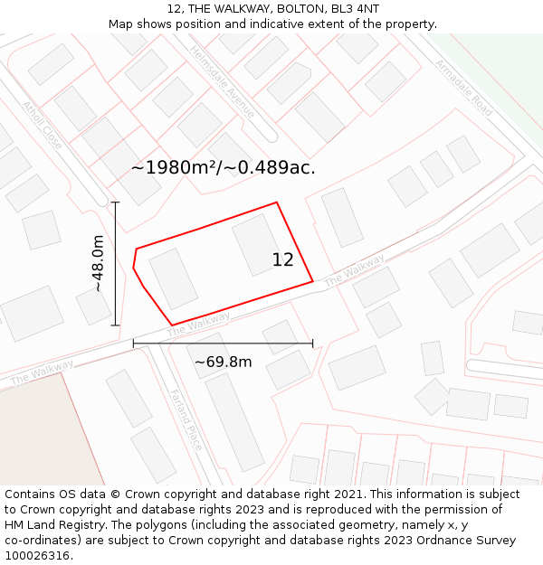 12, THE WALKWAY, BOLTON, BL3 4NT: Plot and title map