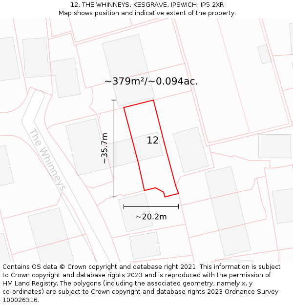 12, THE WHINNEYS, KESGRAVE, IPSWICH, IP5 2XR: Plot and title map