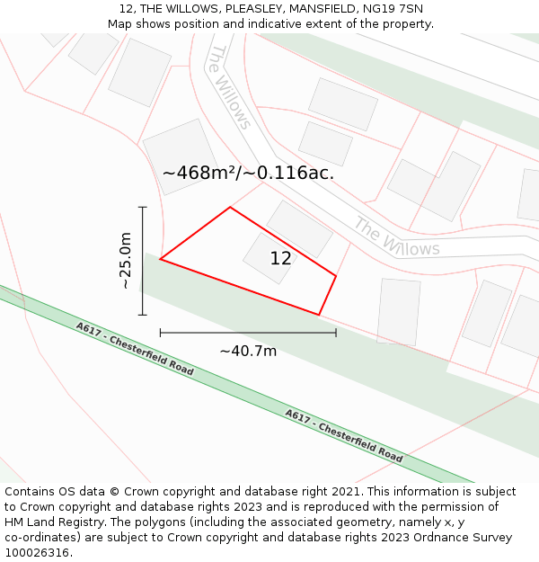 12, THE WILLOWS, PLEASLEY, MANSFIELD, NG19 7SN: Plot and title map
