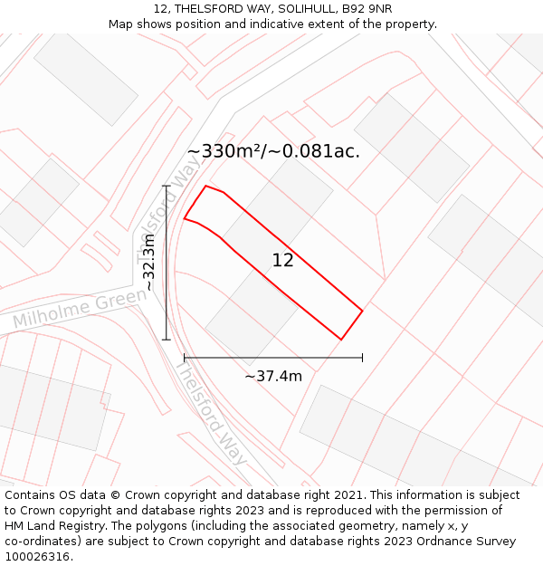 12, THELSFORD WAY, SOLIHULL, B92 9NR: Plot and title map
