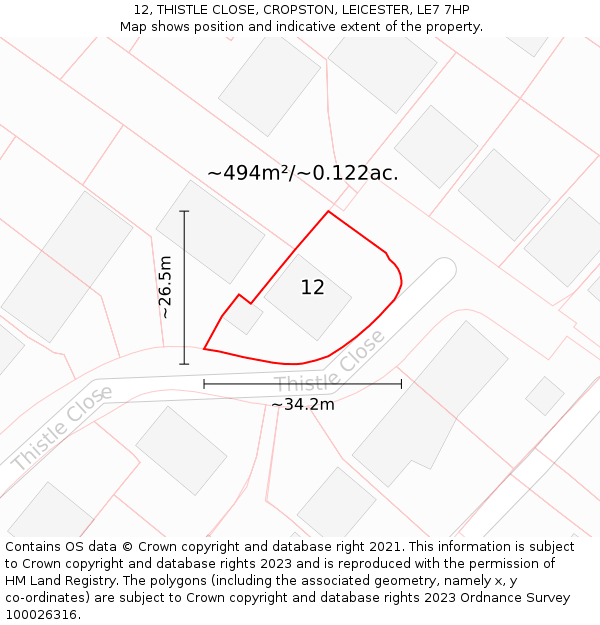 12, THISTLE CLOSE, CROPSTON, LEICESTER, LE7 7HP: Plot and title map