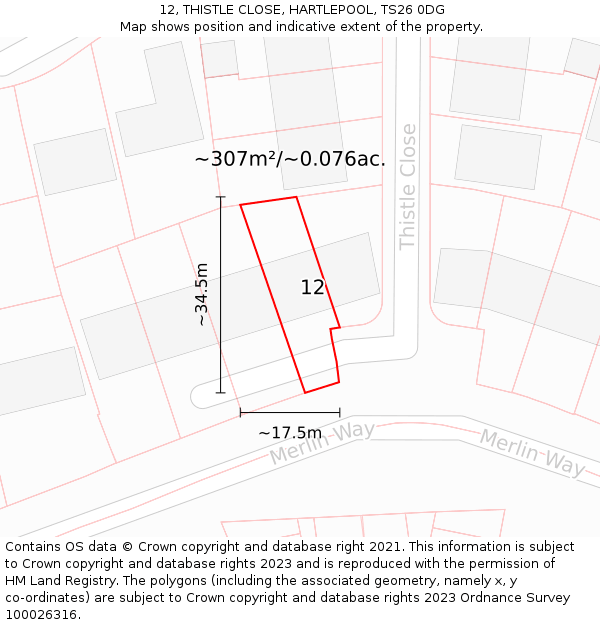 12, THISTLE CLOSE, HARTLEPOOL, TS26 0DG: Plot and title map